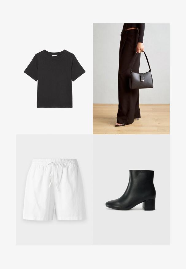 Musta t-paita, joka on valmistettu pehmeästä kankaasta ja jossa on pyöreä kaula-aukko sekä lyhyet hihat. Suunnittelu on yksinkertainen ilman näkyviä kuvioita tai korostuksia.; Valkoiset puuvillashortsit, joissa on joustava vyötärö, kiristysnauha ja rento leikkaus. Suora rakenne ja polven mittainen muotoilu.; Musta nahkasaappaat nilkkapituudella, jossa on terävä kärki ja paksu korko. Silkkinen pinta, jossa on minimaaliset yksityiskohdat ja tyylikäs, istuva muotoilu.; Musta käsilaukku, jossa on rakenteellinen muoto, sileä pinta ja metallinen solki. Yhdistetty leveisiin mustiin housuihin ja avonaiheisiin sandaaleihin puulattialla.