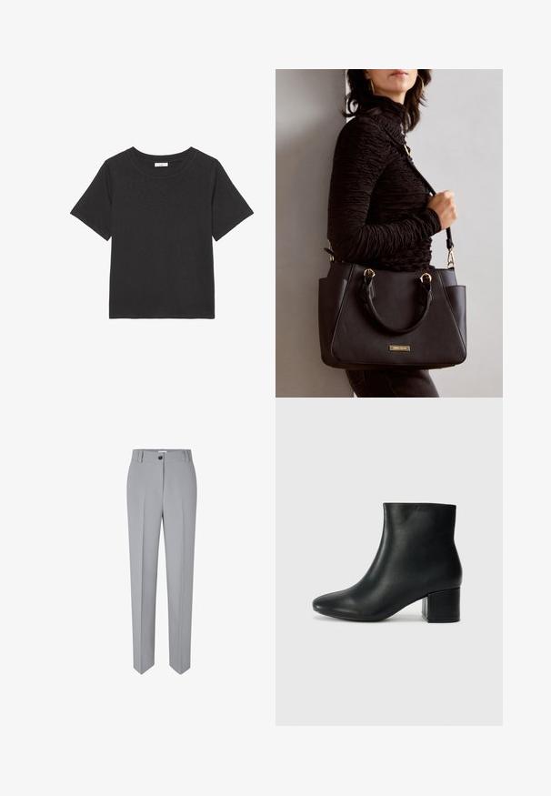 Black t-shirt made of soft fabric, featuring a crew neckline and short sleeves. The design is simple with no visible patterns or accents.; Grey tailored trousers with a straight leg, made from a smooth fabric. Features a front button closure and two front pockets.; Black leather ankle boots with a pointed toe and a chunky heel. Smooth texture with minimal accents and a sleek, fitted design.; Black handbag with textured surface, dual top handles, and adjustable shoulder strap. Features gold-tone hardware and side pockets.