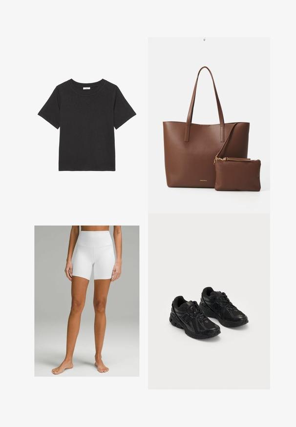 Melnā T-kreklā, izgatavotā no mīkstas auduma, ir apaļš kakls un īsas piedurknes. Dizains ir vienkāršs, bez redzamām rakstām vai akcentiem.; Baltas augstās šortos, izgatavoti no elastīga auduma, ar gludu tekstūrē un pieguļošu dizainu, sasniedzot vidussēžus.; Melnas sporta kurpes, izgatavotas no sietveida un sintētiskajiem materiāliem. Tām ir polsterēts zole, strukturēti raksti un uzraksts embosētā formātā sānos.; Brūns mākslīgās ādas somiņa ar divām garām rokturiem un atbilstošu mazu maciņu. Virsma ir ar strukturētu rakstu un zelta aksesuāriem.