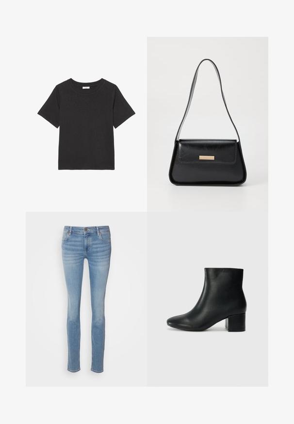 T-shirt preta feita de tecido macio, com gola redonda e mangas curtas. O design é simples, sem padrões ou acentos visíveis.; Jeans skinny azul claro feitos de denim, com um design clássico de cinco bolsos, cintura média e desbotamento sutil ao longo das pernas.; Botas de tornozelo em pele preta com bico pontiagudo e um salto robusto. Textura suave com acentos mínimos e um design ajustado e elegante.; Bolsa de couro preta com uma forma triangular estruturada, alça fina e metalização dourada, apresentando uma placa de logotipo no flap frontal.
