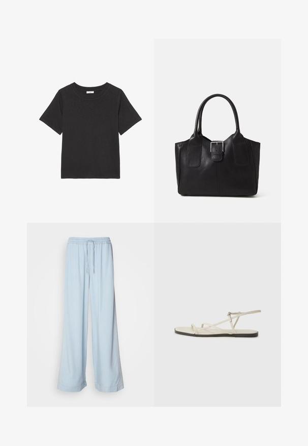 Tricou negru din material moale, cu guler rotund și mâneci scurte. Designul este simplu, fără modele sau accente vizibile.; Pantaloni largi de un albastru deschis, cu talie elastică și șnur, având un material neted și un detaliu de cusătură subtil pe laterale.; Sandalie plate bej cu multiple bretele subțiri și o cataramă ajustabilă. Talpa este plată, cu un ușor contrast întunecat la margine.; Geantă tote din piele neagră cu textură netedă, formă structurată, două mânere și un detaliu proeminent din aliaj de argint pe partea din față.