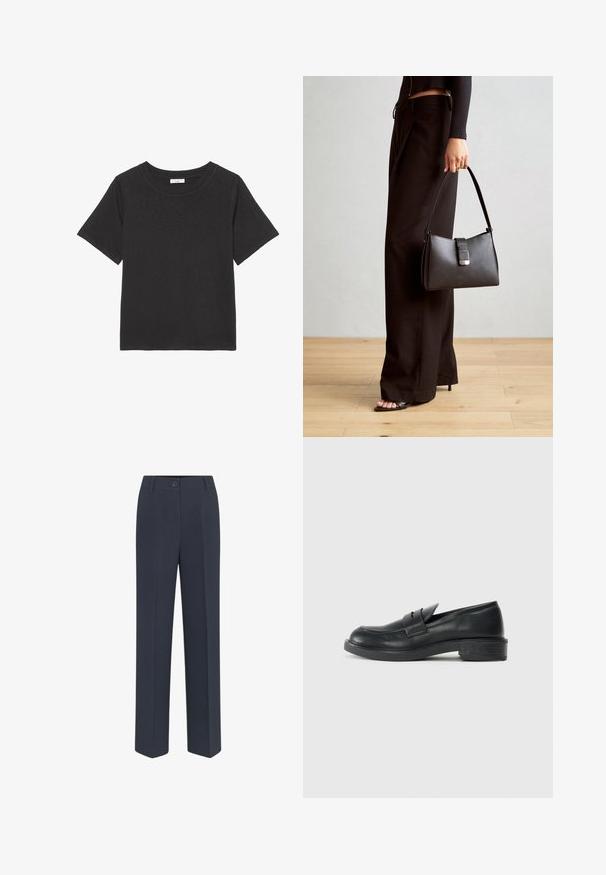 Camiseta negra hecha de una tela suave, con cuello redondo y mangas cortas. El diseño es simple, sin patrones ni acentos visibles.; Pantalones navy azul, ajustados, con un diseño de pierna recta, que cuentan con un cierre frontal de botón y detalles de doble costura sutiles. Textura de tela suave.; Mocasines de cuero negro con punta redondeada, detalles de costura y un pequeño tacón. Textura suave y suela de goma flexible.; Bolso negro con forma estructurada, textura suave y un cierre metálico. Combinado con pantalones anchos negros y sandalias de dedo en un suelo de madera.