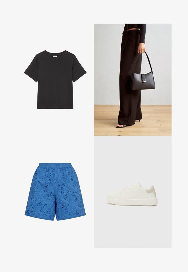 Černé tričko vyrobené z měkké látky, s kulatým výstřihem a krátkými rukávy. Design je jednoduchý, bez viditelných vzorů nebo akcentů.; Modré šortky s elastickým pasem, zdobené texturovanou květinovou výšivkou a výřezovými vzory po celém materiálu.; Bílé nízké tenisky s hladkým povrchem, s acentem z lehkého béžového semiše na patě a silnou bílou gumovou podrážkou.; Černá kabelka se strukturovaným tvarem, hladkým povrchem a kovovým uzávěrem. Kombinována s širokými černými kalhotami a sandály s otevřenou špičkou na dřevěné podlaze.