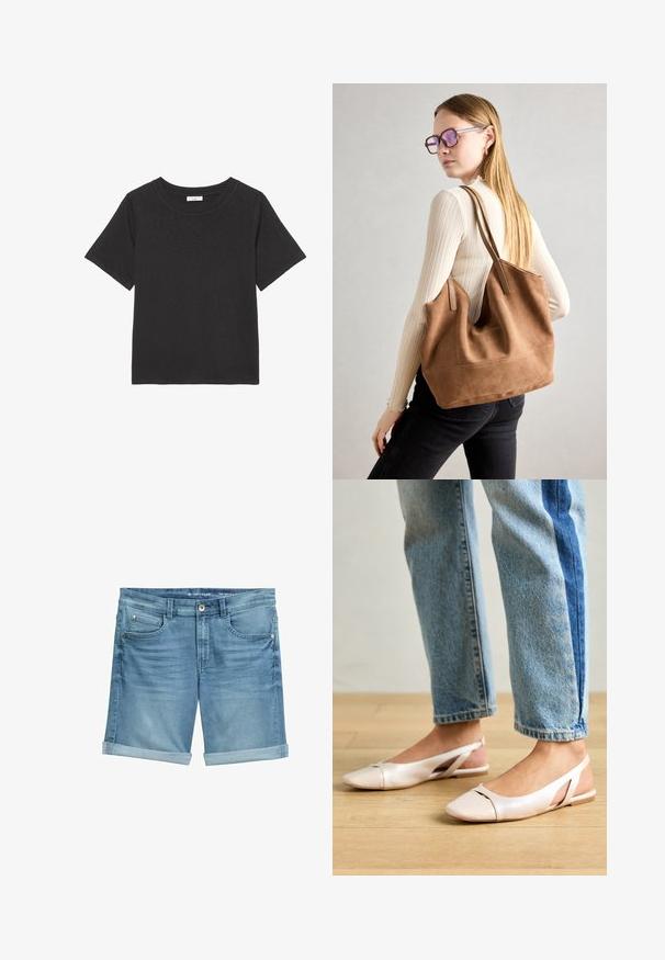 Svart t-shirt av mjukt tyg med rundad halsringning och korta ärmar. Designen är enkel utan synliga mönster eller detaljer.; Ljusblå denimshorts med en urblekt finish, med uppvikta fållar, femficksdesign och metallknappstängning i midjan.; Ljust rosa slingback-lägenheter med spetsig tå, tillverkade av ett slätt läderliknande material. Har utskurna detaljer på sidorna och en platt häl.; Brun mocka toteväska med mjuk textur, stor öppning och långa axelremmar. Har en enkel design med synliga sömmar och ingen hårdvara.