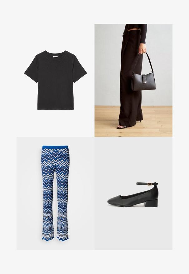T-shirt preta feita de tecido macio, com gola redonda e mangas curtas. O design é simples, sem padrões ou acentos visíveis.; Calças flare com padrão em zigzag azul e branco, feitas de um tecido leve e texturizado, com um cós elástico azul em contraste.; Sandal de pele preta com bico pontiagudo e um salto bloco baixo. Apresenta uma tira no tornozelo com uma fivela em tom dourado. Textura suave.; Bolsa preta com forma estruturada, textura suave e um fecho metálico. Combinada com calças largas pretas e sandálias de salto aberto sobre um chão de madeira.