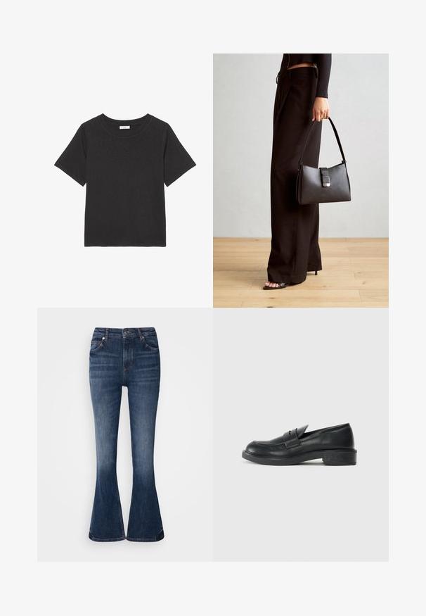 Camiseta negra hecha de una tela suave, con cuello redondo y mangas cortas. El diseño es simple, sin patrones ni acentos visibles.; Jeans de mezclilla de aspecto oscuro, acampanados, con una cintura alta, bolsillos frontales y áreas sutilmente desvanecidas a lo largo de los muslos. Detalles de costura en la cintura y el dobladillo.; Mocasines de cuero negro con punta redondeada, detalles de costura y un pequeño tacón. Textura suave y suela de goma flexible.; Bolso negro con forma estructurada, textura suave y un cierre metálico. Combinado con pantalones anchos negros y sandalias de dedo en un suelo de madera.