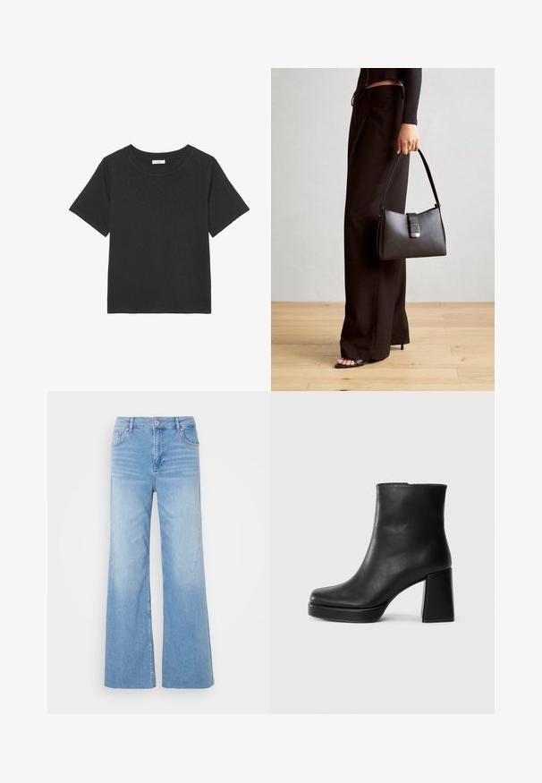 T-shirt preta feita de tecido macio, com gola redonda e mangas curtas. O design é simples, sem padrões ou acentos visíveis.; Os jeans de perna larga em azul claro, em tecido de denim, apresentam um fecho frontal com botão, um design de cinco bolsos e um leve desgaste para adicionar textura.; Bota de couro preta até ao tornozelo com salto bloco e sola com plataforma, vista de lado sobre um fundo branco liso.; Bolsa preta com forma estruturada, textura suave e um fecho metálico. Combinada com calças largas pretas e sandálias de salto aberto sobre um chão de madeira.