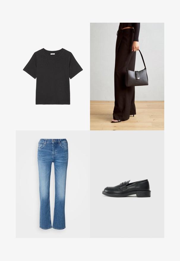 Musta t-paita, joka on valmistettu pehmeästä kankaasta ja jossa on pyöreä kaula-aukko sekä lyhyet hihat. Suunnittelu on yksinkertainen ilman näkyviä kuvioita tai korostuksia.; Kangaskankaat farkut vaaleansinisinä. Ominaisuudet: korkea vyötärö, viisi taskua ja ompeluyksityiskohtia. Pehmeä pinta, jossa on haalistunut pesutulos.; Musta nahkainen loafers-mallinen kenkä pyöreällä varvalla, ommelluilla yksityiskohdilla ja pienellä korolla. Yksinkertainen pinta ja joustava kumipohja.; Musta käsilaukku, jossa on rakenteellinen muoto, sileä pinta ja metallinen solki. Yhdistetty leveisiin mustiin housuihin ja avonaiheisiin sandaaleihin puulattialla.