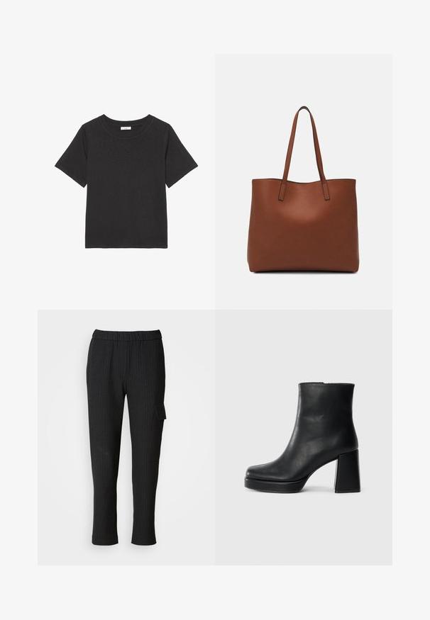 T-shirt preta feita de tecido macio, com gola redonda e mangas curtas. O design é simples, sem padrões ou acentos visíveis.; Calças pretas risca de giz com um cós elástico e um design de perna reta. Possui um bolso lateral com aba, feito de um tecido suave.; Bota de couro preta até ao tornozelo com salto bloco e sola com plataforma, vista de lado sobre um fundo branco liso.; Bolsa tote de couro castanho com uma textura suave, design de abertura superior e duas alças para o ombro. Apresenta costura mínima e sem hardware visível.
