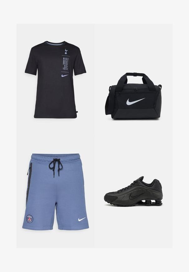 Čierne tričko s krátkym rukávom vyrobené z mäkkej tkaniny. Na prednej strane sa nachádza potlačené logo a textové detaily v svetlomodrej farbe, okrúhly výstrih.; Modré športové šortky vyrobené z mäkkej tkaniny, so znakmi čiernych bočných zipsov, s nastaviteľným pásom na šnúrku a logom Paris Saint-Germain na ľavej strane.; Čierne bežecké topánky s hladkým syntetickým zvrškom, perforovanými akcentmi, textúrovanými bočnými panelmi a výraznou pružnou podrážkou.; Čierna cestovná taška vyrobená z hladkej tkaniny, s dvojitými zipsovými vreckami, polstrovanými uchami a veľkým bielym logom Nike na prednej strane.