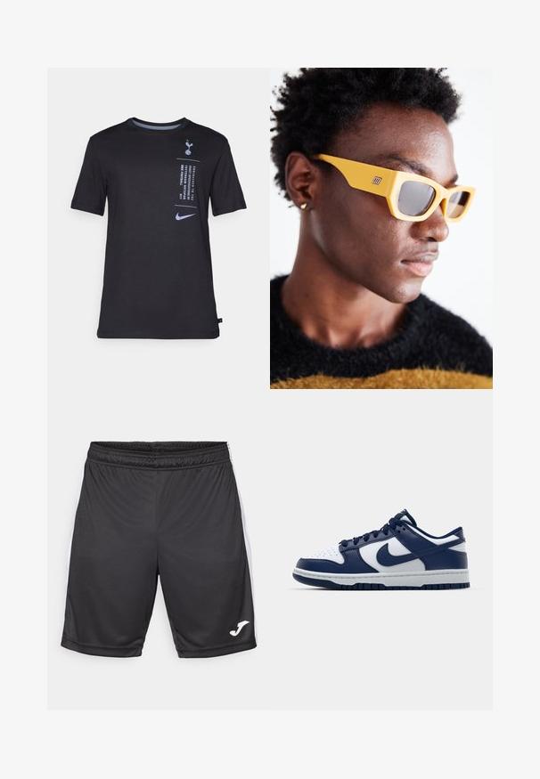 Čierne tričko s krátkym rukávom vyrobené z mäkkej tkaniny. Na prednej strane sa nachádza potlačené logo a textové detaily v svetlomodrej farbe, okrúhly výstrih.; Čierne športové šortky s hladkou textúrou, s bielymi bočnými pruhmi a logom na dolnom leme. Elastický pás pre pohodlie.; Tmavomodré a biele kožené tenisky s perforovanou špičkou, šnurovaním vpredu a šedým stredovým dielom. Obsahujú logo Nike na boku.; Žlté slnečné okuliare s designom mačacích očí, tenkými plastovými rámami, tmavými tónovanými sklami a malým kovovým logom na boku.
