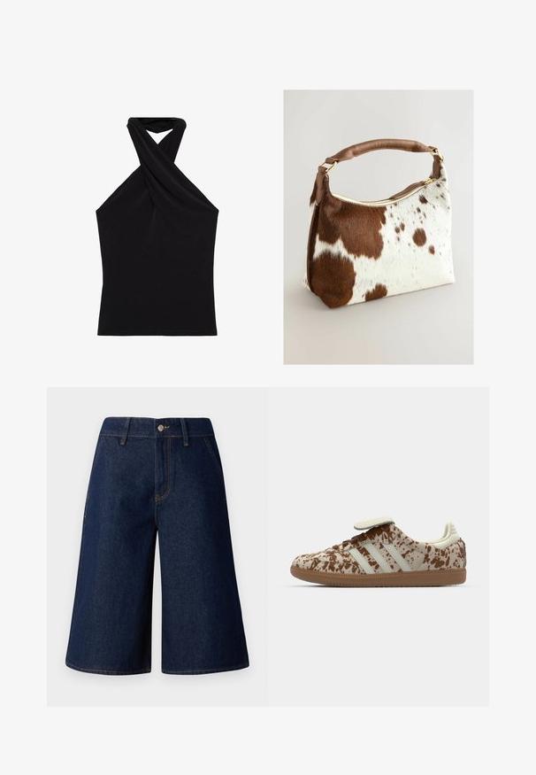 Črna halter-top majica iz gladkega materiala, z obliko z ovitim ovratnikom in prilegajočim silhuetom. Brez vzorcev ali vidnih elementov.; Denim culottes v temno modri barvi ohlapnega kroja. Imajo sprednje žepke, zapiranje na gumb in kontrastno rumeno šivavanje ob seams.; Tenisica z bež in rjavim pikčastim vzorcem, opremljena s tremi belimi črtami, velcro trakovi in rjavim gumirim podplatom.; Usnjena torbica iz kravjega usnja z rjavimi in belimi pikastimi vzorci, rjavim usnjenim ročajem, zlatim zadrgo in mehko teksturo. Ima strukturirano obliko z zaobljenimi robovi.