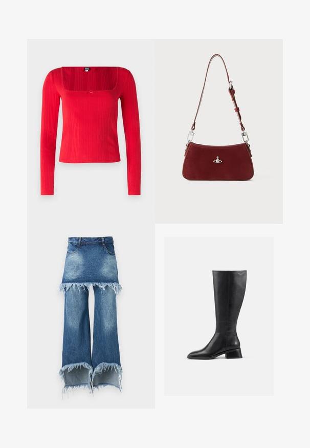 Sarkana garā piedurkne krekls ar kvadrātveida kakla izgriezumu, ribota tekstūra un centrāla bantiņa detaļa. Izgatavots no elastīga auduma, lai nodrošinātu ciešu piegriezumu.; Denim svārku-bikšu hibrīds, gaiši zilā līdz tumši zilā krāsā, neapstrādāta mala ar sapīšņajiem galiem, piecas kabatas, standarta jostasvieta, plaša kāju siluets.; Ceļgala augstuma melna ādas zābaks ar noapaļotu degunu un zemu, bloku papēdi. Iezīmējas ar gludu tekstūru un minimālu šuvju detaļu.; Sarkans zamšs plecu soma ar izliekta formu. Iezīmēta ar sudraba toņa akcentu un regulējamu siksnu ar metāla detaļām. Gluda tekstūra.