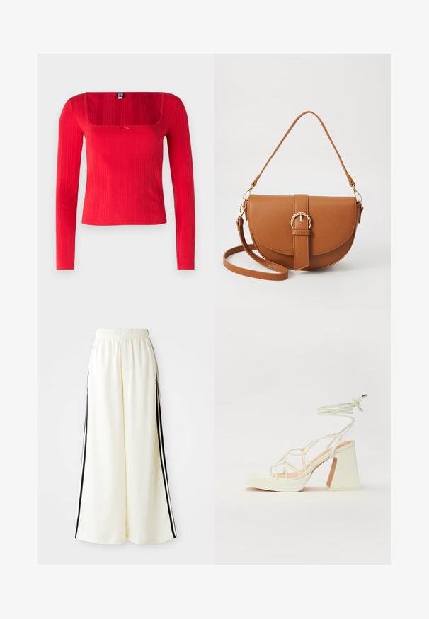 Camisola vermelha de manga longa com decote quadrado, textura canelada e detalhe de laço central. Feita de um tecido elástico para um ajuste justo.; Calças largas brancas com cintura elástica e riscas verticais pretas ao longo das costuras externas.; Sandálias brancas de salto alto com um salto robusto, apresentando um design com tiras e amarração no tornozelo. Textura suave com uma plataforma na frente para altura adicional.; Bolsa transversal de couro castanho com um formato curvado, ferragens douradas e um detalhe de fivela. Inclui uma alça de ombro destacável.