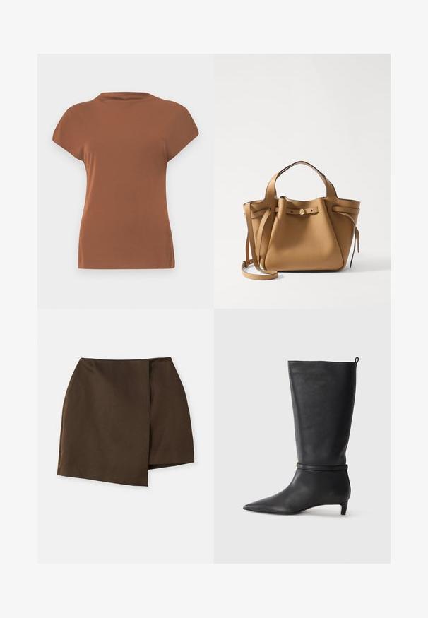 Hnedý krátky rukáv top vyrobený z mäkkej tkaniny, so zaobleným golierom a voľným strihom, s hladkým povrchom a bez viditeľných vzorov.; By Malene Birger RAYE - sukňa v tvare A - dark mahogany; Čierne kožené vysoké čižmy po kolená s špicatou špičkou, s okrúhlym remienkom okolo členku a nízkym, zúženým podpätkom. Hladký povrch.; Tory Burch ROMY PEBBLED SATCHEL - Kabelka - tiramisu; Zlatá kovová sponka do vlasov s hladkým, zaobleným dizajnom. Povrch je reflexný a má spojený, zakrivený tvar bez ďalších ozdôb.