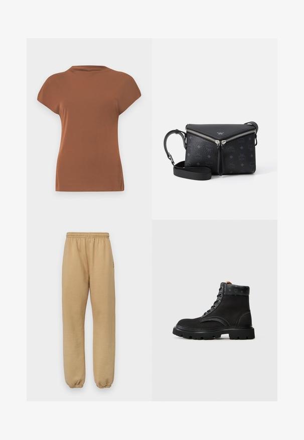 Smeđi kratki rukavi vrh od mekog materijala, s okruglim izrezom i opuštenim krojem, glatke teksture bez vidljivih uzoraka.; Beige trenirke od mekanog materijala, s elastičnim pojasom i manžetama, bočnim šavovima i malim logotipom na lijevoj butini.; Crne gležnjače s teksturiranim kožnim gornjim dijelom, čipkastim dizajnom, kontrastnim šavovima i čvrstim gumeni potplat. Logo detalj na jeziku.; Crna kožna crossed torbica s srebrnim V-oblikovanim zatvaračem, uzorkom s reljefnim logotipom i podesivim remenom na bijeloj pozadini.