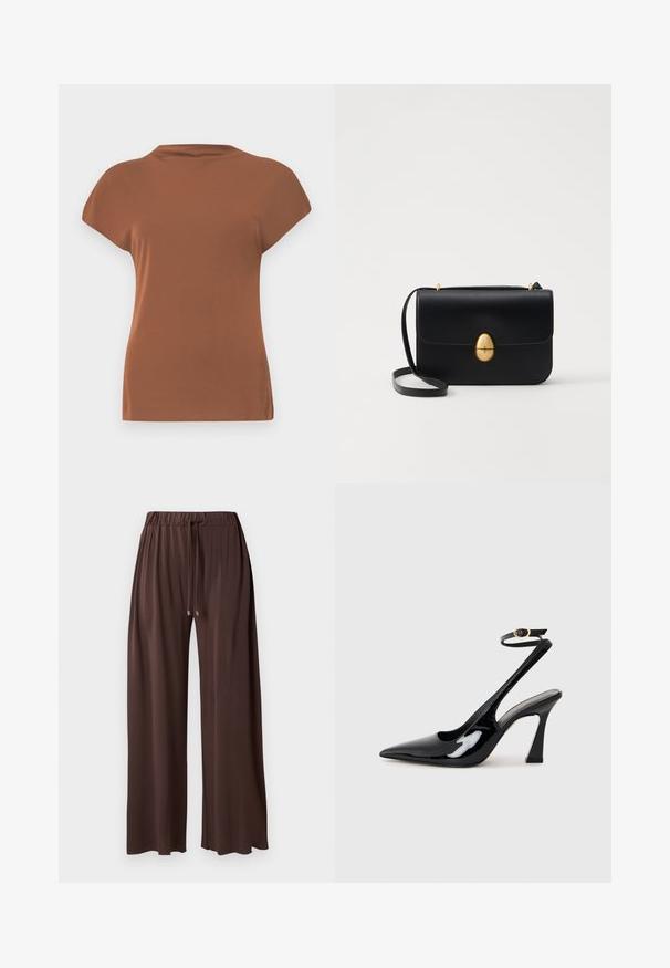 Top castanho de manga curta feito de um tecido suave, com decote redondo e um corte descontraído, apresentando uma textura lisa e sem padrões visíveis.; Calças largas de cor castanha com cintura elástica, cordão ajustável e textura suave. Apresentam terminais em tom prateado no cordão.; Sapatilhas de salto alto em verniz preto, com bico afiado, tiras ajustáveis no tornozelo e um salto quadrado moderado. Textura suave com acabamento brilhante.; Bolsa de mão em couro preto com uma forma rectangular estruturada. Apresenta um fecho oval dourado e uma alça para o ombro fina. Textura suave.