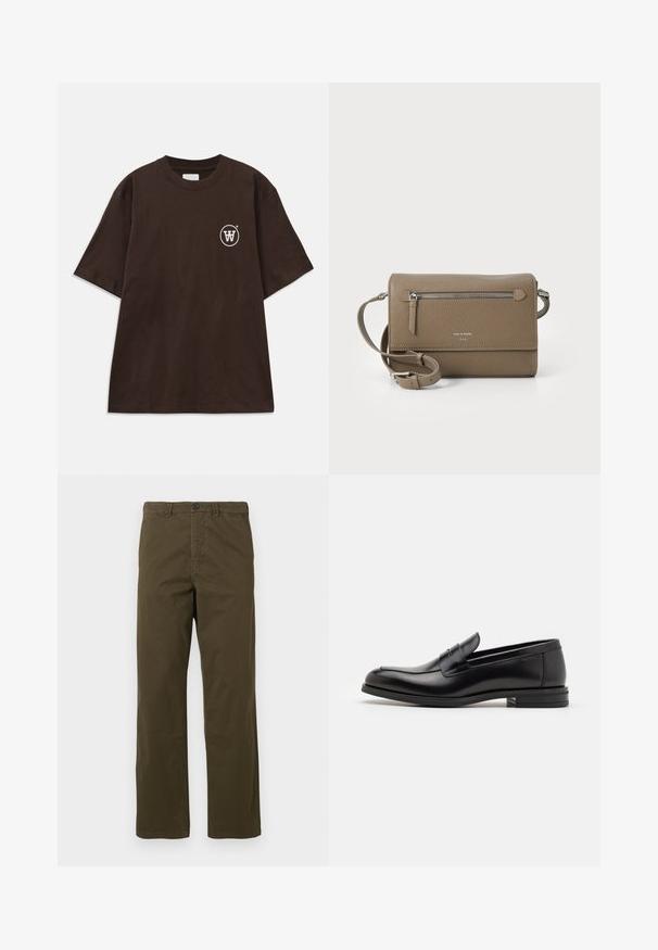 Dark brown short-sleeve T-shirt with a small white circular logo featuring an intertwined "W" on the left chest.; Men’s straight-leg brown cotton trousers with belt loops, front button, and zip closure against a light background.; Black leather loafers with a smooth texture, rounded toe, and a decorative strap across the vamp. Low stacked heel, minimalist design.; Taupe leather crossbody bag with a zippered front pocket, adjustable strap, pebble texture, and embossed logo on the front.
