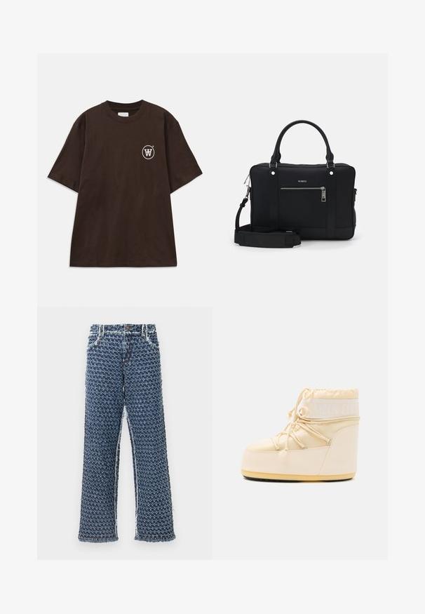 T-shirt a maniche corte marrone scuro con un piccolo logo circolare bianco che presenta una "W" intrecciata sul lato sinistro del petto.; I pantaloni in denim a gamba larga presentano un materiale blu testurizzato con un design a motivi. I bordi sono sfrangiati e ci sono cinque tasche e dettagli in metallo.; Moon Boot beige chiaro con punta arrotondata, chiusura a lacci e suola in gomma testurizzata. Presenta un marchio bianco e materiali sintetici lisci.; Borsa a tote sintetica nera con due manici, tracolla rimovibile, tasca frontale con zip e dettagli in metallo argentato.
