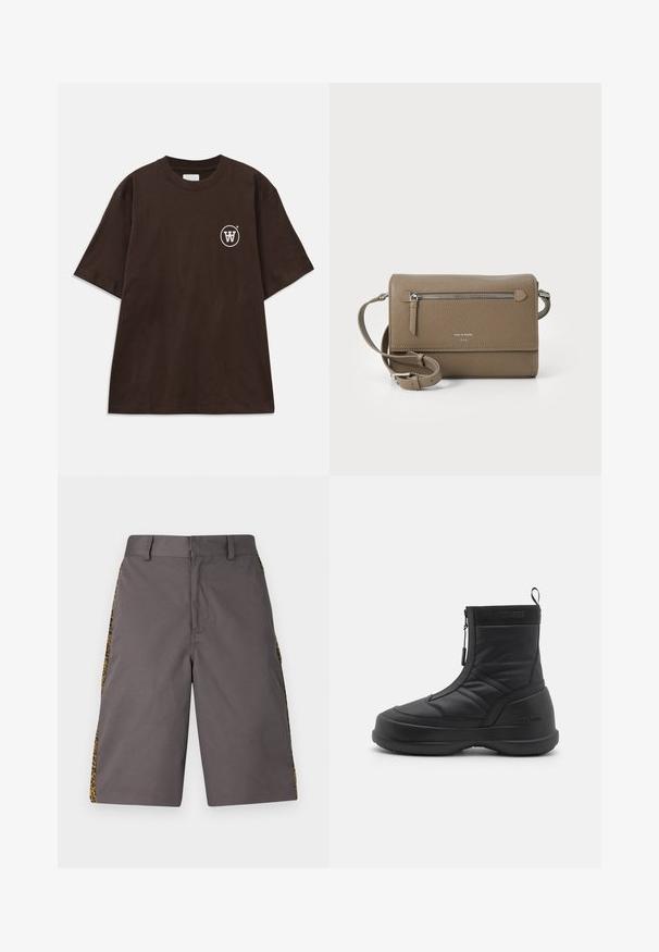 T-shirt a maniche corte marrone scuro con un piccolo logo circolare bianco che presenta una "W" intrecciata sul lato sinistro del petto.; Pantaloni corti grigi realizzati in un tessuto liscio, con pannelli laterali a stampa leopardo, con un davanti piatto e una waistband standard.; Stivale da neve impermeabile nero con tomaia sintetica liscia, chiusura con zip, collo imbottito e suola in gomma testurizzata. Contrassegnato dal marchio "MOON BOOT".; Borsa a tracolla in pelle taupe con tasca anteriore con cerniera, tracolla regolabile, texture a granuli e logo embossato sulla parte anteriore.