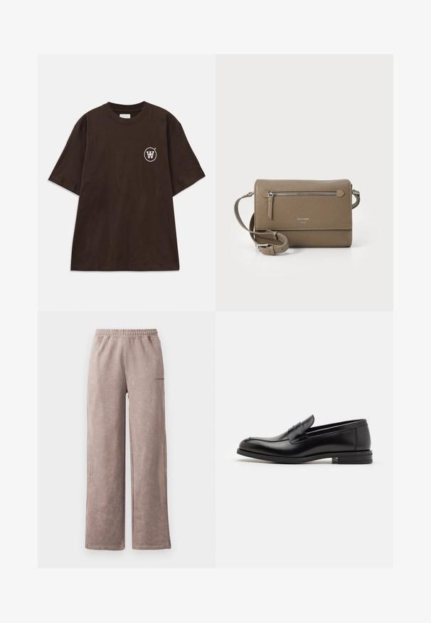 Ciemnobrązowa koszulka z krótkim rękawem z małym białym okrągłym logo z przeplatającym się "W" na lewej piersi.; Jasnobrązowe dresy z miękką, teksturowaną powierzchnią, szerokim krojem nogawek, elastycznym pasem oraz subtelnym logo po boku.; Czarne skórzane mokasyny o gładkiej fakturze, zaokrąglonym nosku i dekoracyjnym pasku na przodzie. Niski, warstwowy obcas, minimalistyczny design.; Taupe skórzana torebka na ramię z zamkiem błyskawicznym z przodu, regulowanym paskiem, teksturą przypominającą drobne kamyki oraz wytłoczonym logo z przodu.