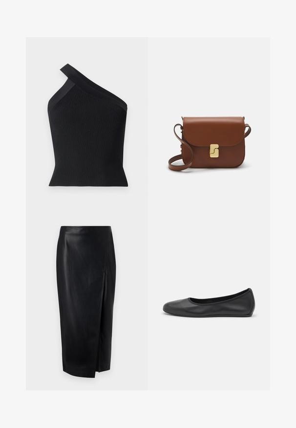 Iro FETHY - Tops - black; Melnas ādas zīmulis svārki ar sānu šķēlumu, gludu tekstūru, pieguļošu dizainu un vidēja garuma griezumu. Šuvju detaļas redzamas gar šuvēm.; Melna ādas baleta kurpe ar noapaļotu purngalu, gludu tekstūru, minimālu šuvju detalizāciju un elastīgu zoles dizainu.; Bordo ādas rokas soma ar atloku, zeltītām detaļām, plecu siksnu un gludu virsmu. Kompakta, taisnstūrveida forma.