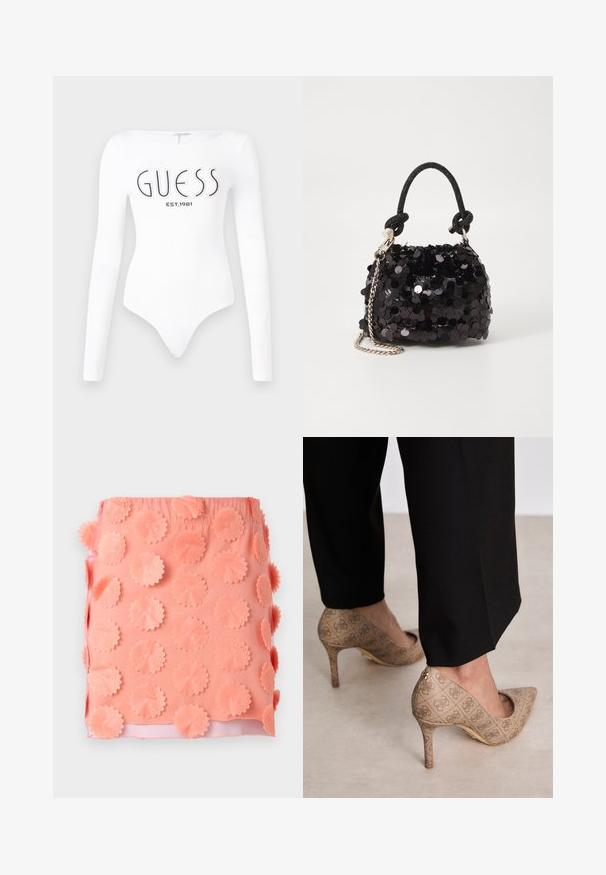 Valkoinen pitkähiha bodysuit, jossa on pyöreä pääntie. Edessä mustalla painettuna "GUESS" -logo ja "EST.1981". Sujuva rakenne.; Korallihame, jonka pinnassa on tekstuuria ja pyöreitä kankaisia applikaatioita. Joustava vyötärö ja sileä sisävuori.; Beige korkokenkiä, joissa on teksturoitu kangas, jossa on toistuva kuvio. Teräväkärkinen muotoilu, takana korostus ja kultaiset korkodetaalit.; Mustan paljetti-minilaukku, jossa on solmittu teksturoidu hihna ja hopeaketju. Pyöreä muoto, joissa on rypistetty yläosa ja heijastava yksityiskohta.