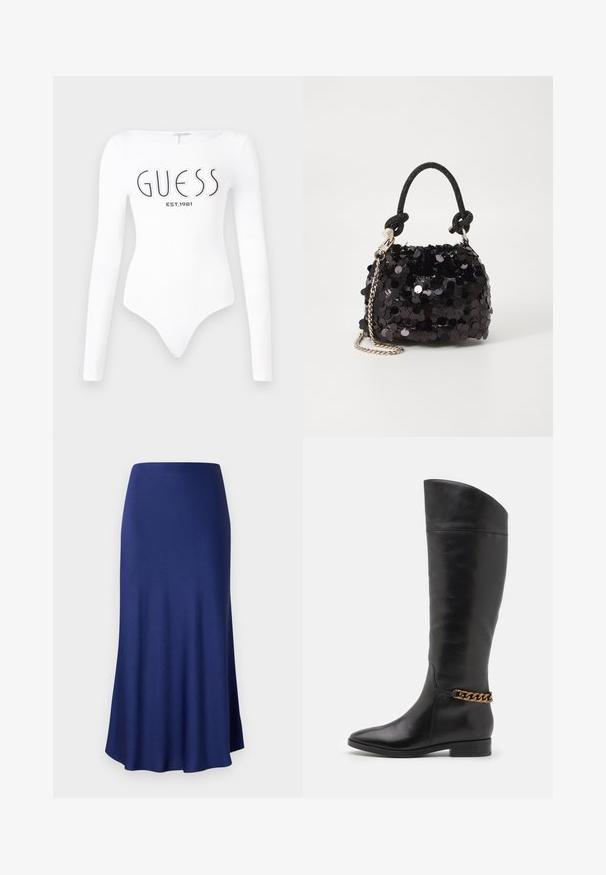 Bela dolgimi rokavi body s krožnim izrezom. Na sprednji strani je natisnjen logotip "GUESS" in "EST.1981" v črni barvi. Gladka tekstura.; Mornarji modra, krila do gležnjev s gladkim, elastičnim materialom; širok kroj in rahla sijaj; brez vidnih vzorcev ali kovinskih detajlov.; Visoke črne usnjene škornje z eleganten dizajnom, s koničastim nosom in zlatim verižnim poudarjanjem okoli gležnja. Nizek blok peti. Gladka tekstura.; Črna mini torbica s palčkami iz bleščic, z vozlanim teksturiranim trakom in srebrnima verigama. Okrogla oblika z nabranim vrhom in odsevnimi detajli.
