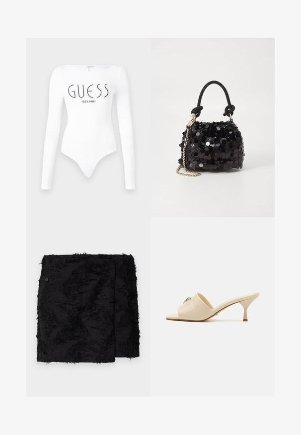Biely dlhý rukáv body s okrúhlym výstrihom. Na prednej strane sa nachádza čierne logo "GUESS" a nápis "EST.1981". Hladká textúra.; Čierna sukňa s textúrovanou tkaninou a rozstrapkanými akcentmi. Štvorcový strih, dĺžka nad kolená a detail bočných gombíkov.; Béžové patentné kožené sandále s otvorenou špičkou a nízkym stiletto podpätkom. Obsahujú centrálny dekoračný prvok na vrchu. Hladký, lesklý povrch.; Čierna mini kabelka so štrasom, s uzlovým textúrovaným popruhom a strieborným reťazom. Guľatý tvar s riaseným vrchom a reflexnými detailmi.