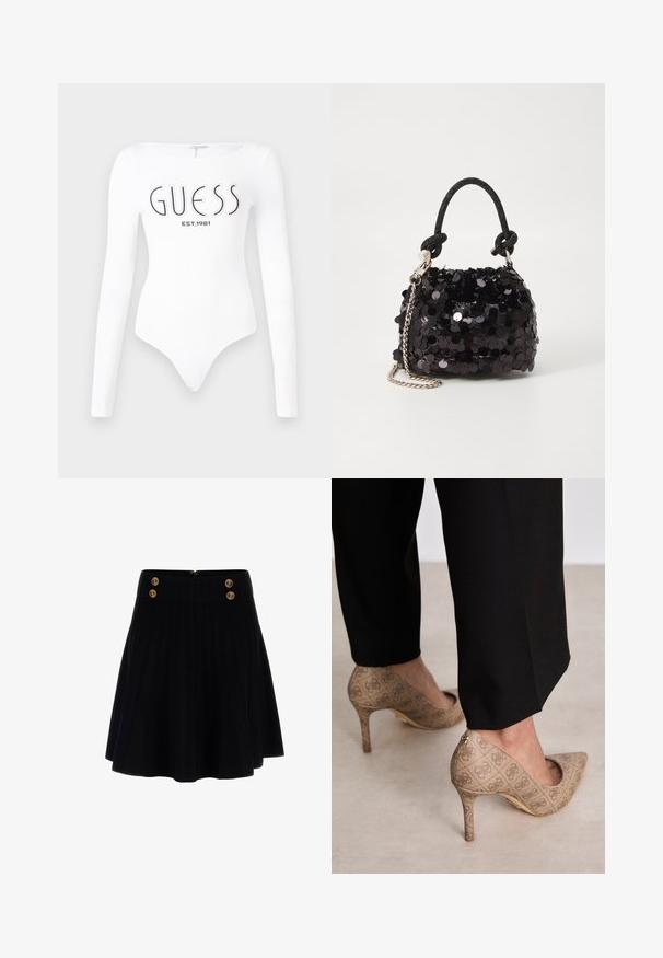 Witte lange mouw bodysuit met een ronde hals. Voorzien van het 'GUESS' logo en 'EST.1981' in het zwart gedrukt op de voorkant. Soepele textuur.; Zwarte geplooide rok van een gestructureerde stof, met gouden decoratieve knopen op de tailleband en een verborgen rits aan de achterkant.; Beige hoge hakken met een gestructureerde stof met een herhalend patroon. Puntige neusontwerp met een achteraccent en gouden hakdetail.; Zwarte pailletten mini handtas met een geknoopte textuurriem en zilveren ketting. Rondvormig met een geplooide bovenkant en reflecterende details.