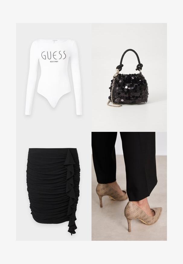 Hosszú ujjas, fehér body, kerek nyakkivágással. Elöl a "GUESS" logó és az "EST.1981" felirat fekete színben látható. Sima textúrával rendelkezik.; Fekete, ráncolt szoknya, oldalán fodros részlettel, rugalmas anyagból készült, testhezálló sziluettel.; Beige magassarkú cipők texturált anyagból, ismétlődő mintával. Hegyes orrú kialakítás, hátsó díszítéssel és arany sarkú részlettel.; Fekete flitteres mini kézitáska csomózott textúrájú pánttal és ezüst lánccal. Lekerekített forma, ráncolt tetejével és fényvisszaverő részletekkel.