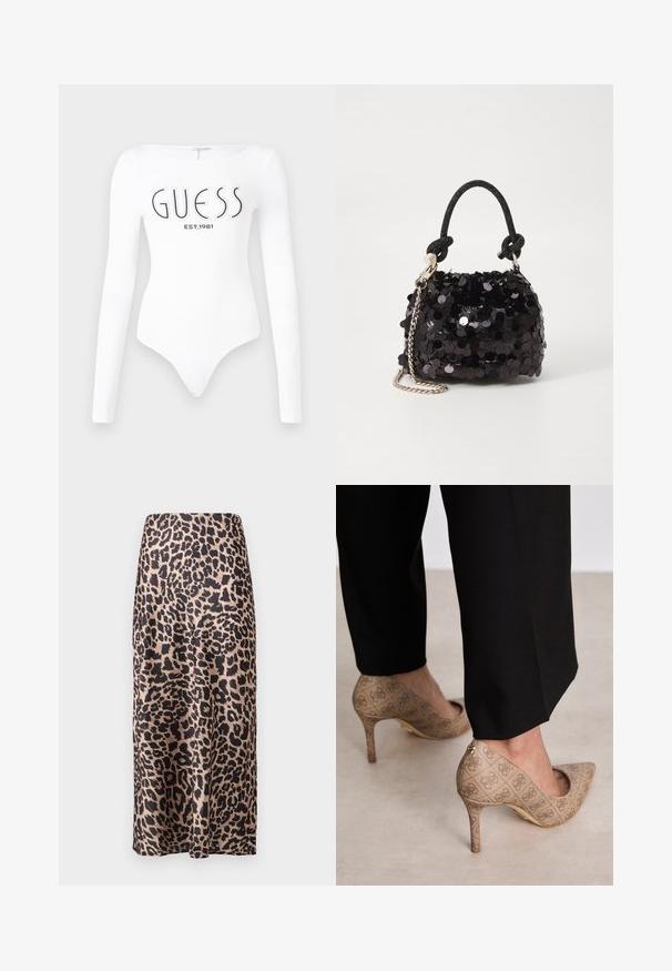 Weißer Langarm-Bodysuit mit Rundhalsausschnitt. Auf der Vorderseite mit "GUESS"-Logo und "EST.1981" in Schwarz bedruckt. Glatte Textur.; Leopardmuster-Satinrock mit hoher Taille, knielanger Silhouette, glänzender Textur und fließendem Design.; Beige High Heels aus strukturiertem Stoff mit einem sich wiederholenden Muster. Spitz zulaufendes Design mit einer Rückenausschnitt und goldenen Absatz.; Schwarze Pailletten-Mini-Handtasche mit einem geknoteten, strukturierten Tragegurt und einer silbernen Kette. Abgerundete Form mit gerafftem oberen Teil und reflektierenden Details.