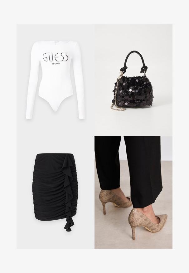Hvit langermet bodysuit med rund halslinning. Har "GUESS"-logo og "EST.1981" trykt i svart på forsiden. Glatt tekstur.; Svart rynket skjørt med volangdetalj på den ene siden, med en glatt tekstur og lengde over kneet. Ingen synlige maskindetaljer.; Beige høyhælte sko med teksturert stoff som har et gjentatt mønster. Spiss tådesign med bakdetalj og gullhelsjekk.; Svart paljettmini-veske med en knyttet teksturert stropp og sølvkjede. Rund form med samlet topp og reflekterende detaljer.