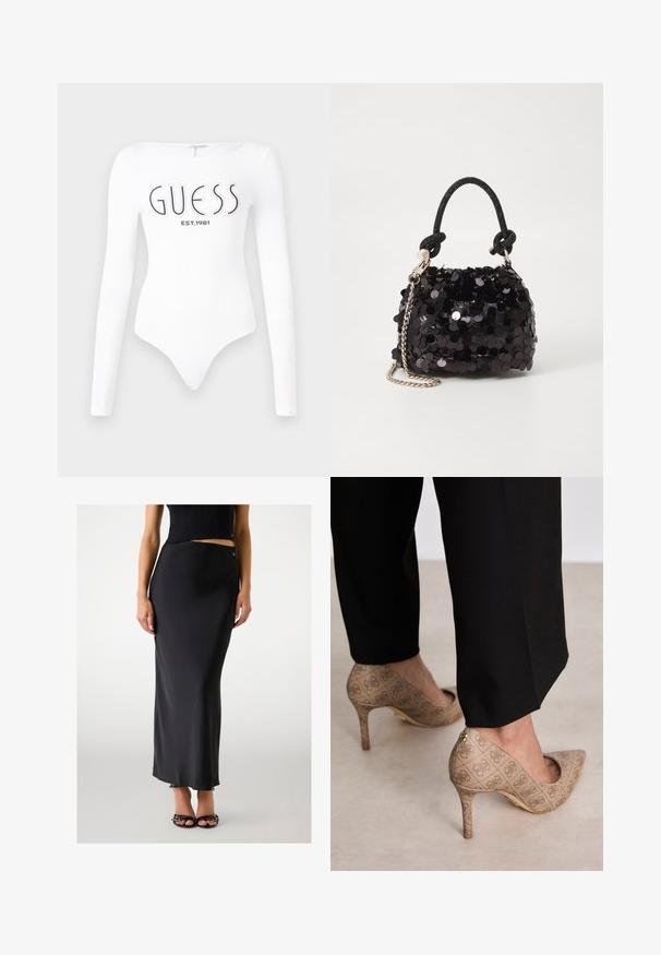 Bela dolgimi rokavi body s krožnim izrezom. Na sprednji strani je natisnjen logotip "GUESS" in "EST.1981" v črni barvi. Gladka tekstura.; Črna satenska krila dolžine do tal z elegantnim dizajnom, ki se ponaša z diskretno sijajem in stranskim razporkom, v kombinaciji z črnimi sandali na vezalke.; Bež čevlji na visokem petem z teksturirano tkanino, ki ima ponavljajoč vzorec. Oblika z ostrim nosom z zadaj poudarjenim delom in zlatim podplatom.; Črna mini torbica s palčkami iz bleščic, z vozlanim teksturiranim trakom in srebrnima verigama. Okrogla oblika z nabranim vrhom in odsevnimi detajli.