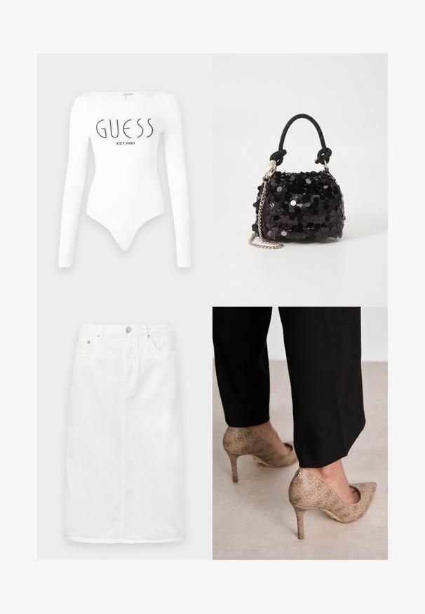 Balta garām piedurknēm bodijs ar apaļu kakla izgriezumu. Priekšpusē melnā krāsā ir uzdrukāts "GUESS" logo un "EST.1981". Gluda tekstūra.; Balta džinsu svārki ar priekšējo rāvējslēdzēju, piecu kabatu dizainu un taisnu siluetu ar šuvju akcentiem.; Bežīgas augstpapēžu kurpes ar teksturētu audumu, kas rotāts ar atkārtotu rakstu. Norādītā pirksta dizains ar aizmugurējo akcentu un zelta papēža detaļām.; Melna spīguļota mini rokas soma ar mezglotu teksturētu siksniņu un sudraba ķēdi. Apaļa forma ar sakopotām malām un atstarojumu detaļām.