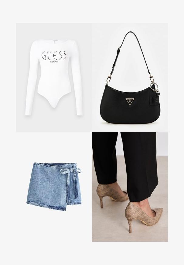 Body à manches longues blanc avec un col rond. Présente le logo "GUESS" et "EST.1981" imprimés en noir sur le devant. Texture lisse.; Jupe portefeuille en denim bleu clair, dotée d'une fermeture à nouer. Le tissu présente une finition texturée et un ourlet brut avec des détails de couture contrastants.; Chaussures à talons hauts beiges en tissu texturé avec un motif répétitif. Design à bout pointu avec un accent à l'arrière et détail de talon doré.; Sac à épaule synthétique noir avec une silhouette courbée, une finition texturée, un logo triangulaire en or et des accents matériels détachables.