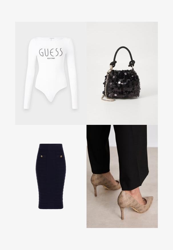 Bílý bodysuit s dlouhým rukávem a kulatým výstřihem. Na přední straně má tištěné logo "GUESS" a "EST.1981" v černé barvě. Hladká textura.; Námořnická podzimní sukně midi s vysokým pasem, která má dvě přední kapsy a zlaté knoflíky jako akcenty, vyrobená z texturovaného materiálu.; Béžové lodičky na vysokém podpatku s texturovanou látkou, která má opakující se vzor. Díky špičaté špičce, zadnímu akcentu a zlatému detailu na podpatku.; Černá mini kabelka s flitry, s uzlovým texturovaným popruhem a stříbrným řetízkem. Zaoblený tvar s nařaseným vrchem a reflexními detaily.