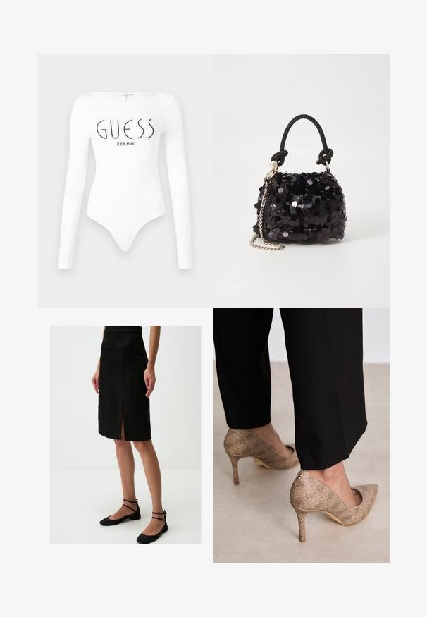 Weißer Langarm-Bodysuit mit Rundhalsausschnitt. Auf der Vorderseite mit "GUESS"-Logo und "EST.1981" in Schwarz bedruckt. Glatte Textur.; Schwarze Bleistiftrock aus strukturiertem Stoff, knielang, mit einem Schlitz vorne, kombiniert mit schwarzen flachen Schuhen und Knöchelriemen.; Beige High Heels aus strukturiertem Stoff mit einem sich wiederholenden Muster. Spitz zulaufendes Design mit einer Rückenausschnitt und goldenen Absatz.; Schwarze Pailletten-Mini-Handtasche mit einem geknoteten, strukturierten Tragegurt und einer silbernen Kette. Abgerundete Form mit gerafftem oberen Teil und reflektierenden Details.