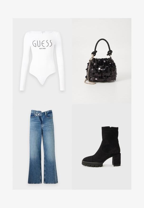Balta garām piedurknēm bodijs ar apaļu kakla izgriezumu. Priekšpusē melnā krāsā ir uzdrukāts "GUESS" logo un "EST.1981". Gluda tekstūra.; Gai zils džinsu auduma bikses ar platām kājām un augstu vidukli, kurām ir divi pogas un priekšējās kabatas. Audumam ir izbalējusi tekstūra ar smalkām variācijām.; Melnas potītes zābaki no zamša ar kvadrātveida purngalu, masīvu papēdi un teksturētu gumijas zoli ar zigzaga akcentiem. Gluda apdare.; Melna spīguļota mini rokas soma ar mezglotu teksturētu siksniņu un sudraba ķēdi. Apaļa forma ar sakopotām malām un atstarojumu detaļām.