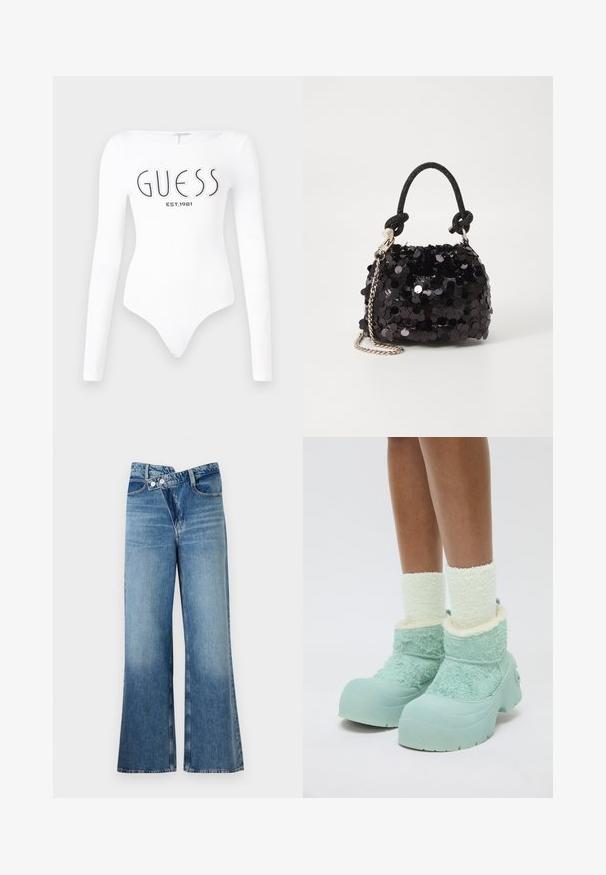 Biely dlhý rukáv body s okrúhlym výstrihom. Na prednej strane sa nachádza čierne logo "GUESS" a nápis "EST.1981". Hladká textúra.; Svetlomodré denimové nohavice s rozšírenými nohavicami a vysokým pásom, so dvoma gombíkmi a prednými vreckami. Materiál má vyblednutú textúru s jemnými variáciami.; Nohy v hrubých bielych chlpatých ponožkách a robustných svetlomodrých zimných čižmách s textúrovanou látkou a kaučukovými podrážkami na bielom pozadí.; Čierna mini kabelka so štrasom, s uzlovým textúrovaným popruhom a strieborným reťazom. Guľatý tvar s riaseným vrchom a reflexnými detailmi.