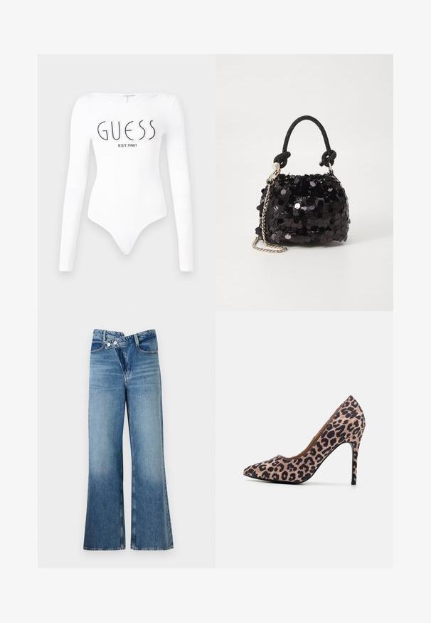 Baltos ilgomis rankovėmis bodis su apvaliu iškirpimu. Priekyje juodu spalva yra atspausdinta "GUESS" logotipas ir "EST.1981". Lygus paviršius.; Šviesiai mėlynos džinsinės kelnes platėjančios apačios, aukštu liemeniu, su dviem saga ir priekinių kišenių detalėmis. Medžiaga turi išblukusį tekstūrą su subtiliais skirtumais.; Leopardų rašto aukštakulniai batai su smailiu pirštu, tekstūruota medžiaga, 10 cm stileto kulnas ir lygus vidaus pamušalas.; Juodas blizgučių mini rankinukas su mazguotu tekstūruotu dirželiu ir sidabro grandine. Suapvalinta forma su susiraukšlėtopu ir atspindinčiomis detalėmis.