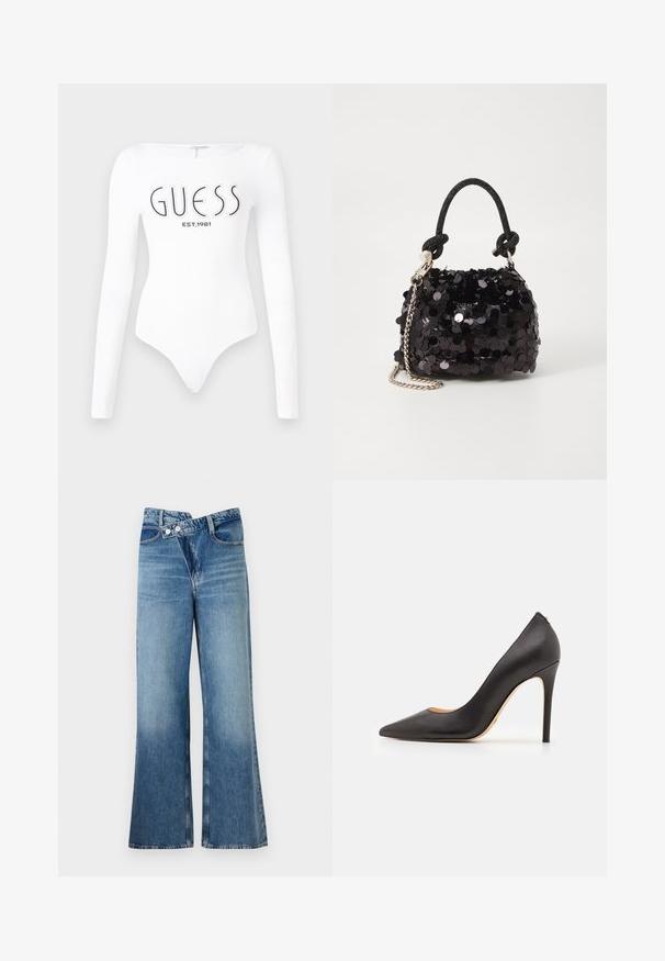 Baltos ilgomis rankovėmis bodis su apvaliu iškirpimu. Priekyje juodu spalva yra atspausdinta "GUESS" logotipas ir "EST.1981". Lygus paviršius.; Šviesiai mėlynos džinsinės kelnes platėjančios apačios, aukštu liemeniu, su dviem saga ir priekinių kišenių detalėmis. Medžiaga turi išblukusį tekstūrą su subtiliais skirtumais.; Juodas odinis aukštakulnis batelis su smailiu pirštu ir lygiu paviršiumi, su lieknu kulnu ir minimalistiniu dizainu.; Juodas blizgučių mini rankinukas su mazguotu tekstūruotu dirželiu ir sidabro grandine. Suapvalinta forma su susiraukšlėtopu ir atspindinčiomis detalėmis.
