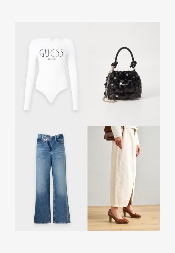 Bodysuit blanco de manga larga con escote redondo. Presenta el logo "GUESS" y "EST.1981" impresos en negro en la parte frontal. Textura suave.; Jeans de mezclilla azul claro acampanados con cintura alta, que cuentan con dos botones y bolsillos frontales. La tela tiene una textura desteñida con variaciones sutiles.; Zapatos de tacón marrón con punta redondeada, combinados con una falda larga de color crema que muestra una abertura frontal, y un bolso marrón texturizado.; Bolso de mano mini negro con lentejuelas, con una correa de textura anudada y cadena plateada. Forma redondeada con parte superior fruncida y detalles reflectantes.