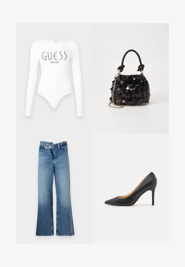 Valkoinen pitkähiha bodysuit, jossa on pyöreä pääntie. Edessä mustalla painettuna "GUESS" -logo ja "EST.1981". Sujuva rakenne.; Vaaleansiniset farkut, joissa on leveät lahkeet ja korkea vyötärö. Farkuissa on kaksi nappia ja etutaskut. Kankaan pinta on kulunut ja siinä on hienovaraisia sävy-eroja.; Mustat nahkaiset korkeakorkoiset kengät, joissa on kärjessä terävä muoto ja stilettokorko, joissa on sileä pinta ja minimalistinen muotoilu. Sisäpuoli on vuorattu tan-värillä.; Mustan paljetti-minilaukku, jossa on solmittu teksturoidu hihna ja hopeaketju. Pyöreä muoto, joissa on rypistetty yläosa ja heijastava yksityiskohta.
