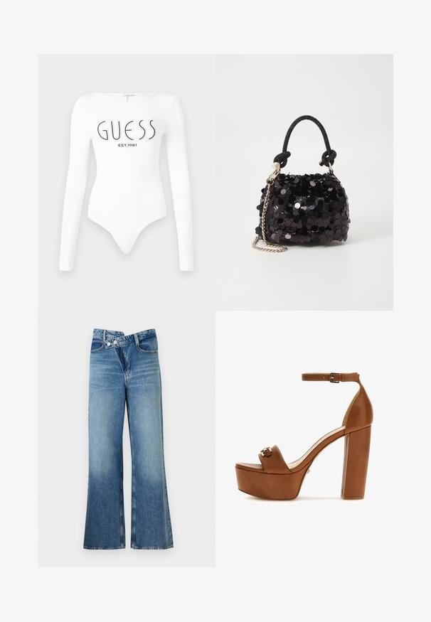 White long-sleeve bodysuit with a round neckline. Features "GUESS" logo and "EST.1981" printed in black on the front. Smooth texture.; Light blue denim flared jeans with a high waist, featuring two buttons and front pockets. Fabric has a faded texture with subtle variations.; Brown leather high-heel platform sandal with an ankle strap, square toe, and gold-tone hardware detailing. Sturdy block heel design.; Black sequin mini handbag with a knotted textured strap and silver chain. Rounded shape with gathered top and reflective detailing.