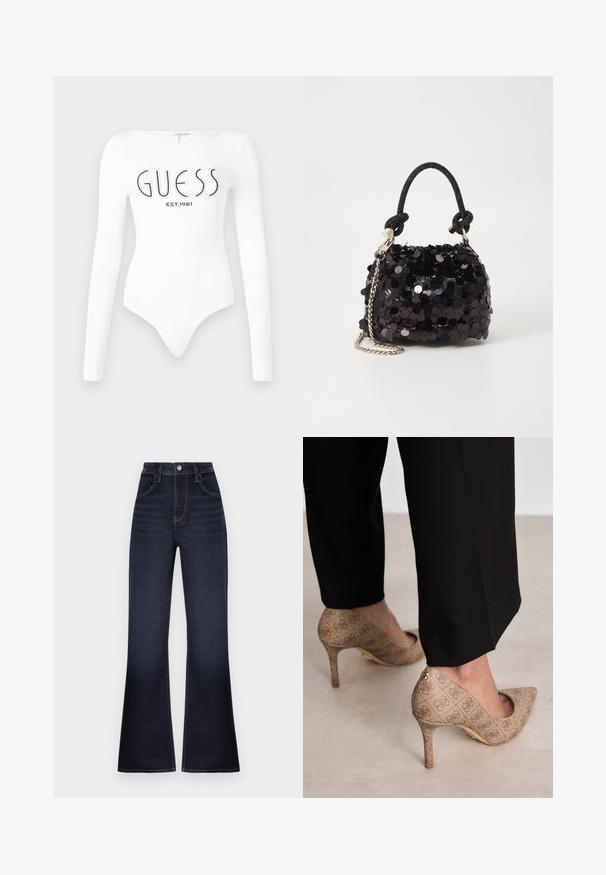 Bodysuit blanco de manga larga con escote redondo. Presenta el logo "GUESS" y "EST.1981" impresos en negro en la parte frontal. Textura suave.; Jeans de mezclilla de campana en azul oscuro. De cintura alta, con bolsillos estándar y cierre de botón. Presenta costuras en contraste a lo largo de las costuras.; Zapatos de tacón altos beige con una tela texturizada que presenta un patrón repetitivo. Diseño de punta afilada con un acento en la parte trasera y detalle de tacón dorado.; Bolso de mano mini negro con lentejuelas, con una correa de textura anudada y cadena plateada. Forma redondeada con parte superior fruncida y detalles reflectantes.