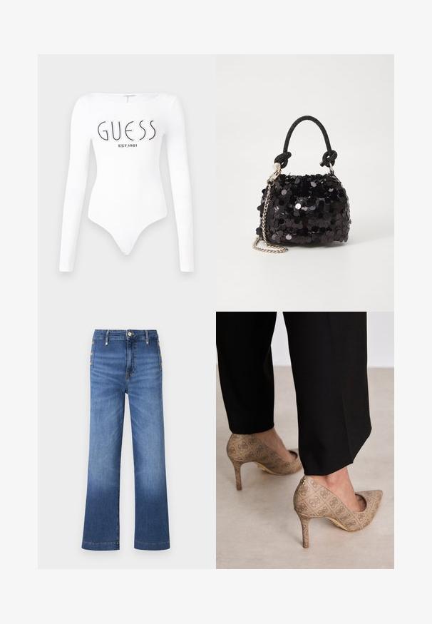 Hvid langærmet bodystocking med rund halsudskæring. Har "GUESS" logo og "EST.1981" trykt i sort på forsiden. Glat tekstur.; Bredbenede blå jeans lavet af denim, med knaplukning og fem knapper på venstre side, med en gradvis falmning på benene.; Beige høje hæle med et struktureret stof, der har et gentaget mønster. Spids tådesign med en bagsideaccent og guldhælsdetail.; Sort pailette mini håndtaske med en knyttet struktureret rem og sølv kæde. Rund form med samlet top og reflekterende detaljer.