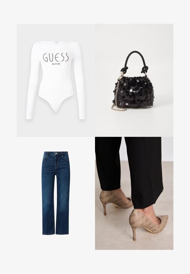 Weißer Langarm-Bodysuit mit Rundhalsausschnitt. Auf der Vorderseite mit "GUESS"-Logo und "EST.1981" in Schwarz bedruckt. Glatte Textur.; Blaue Jeans aus Denim mit geradem Schnitt, ausgestattet mit einem Reißverschluss vorn, fünf Taschen und kontrastierenden Nähten. Glatte Textur, mittlere Wäsche.; Beige High Heels aus strukturiertem Stoff mit einem sich wiederholenden Muster. Spitz zulaufendes Design mit einer Rückenausschnitt und goldenen Absatz.; Schwarze Pailletten-Mini-Handtasche mit einem geknoteten, strukturierten Tragegurt und einer silbernen Kette. Abgerundete Form mit gerafftem oberen Teil und reflektierenden Details.
