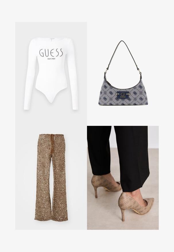 Witte lange mouw bodysuit met een ronde hals. Voorzien van het 'GUESS' logo en 'EST.1981' in het zwart gedrukt op de voorkant. Soepele textuur.; Bruine flare-broek van textuurstof met zilveren pailletten, voorzien van een elastische tailleband met kwastjes voor aanpassingen.; Beige hoge hakken met een gestructureerde stof met een herhalend patroon. Puntige neusontwerp met een achteraccent en gouden hakdetail.; Hobo-stijl handtas in marineblauwe stof met een ruitpatroon, voorzien van een logo-plaatje en een soepele schouderriem. Gestructureerd oppervlak.