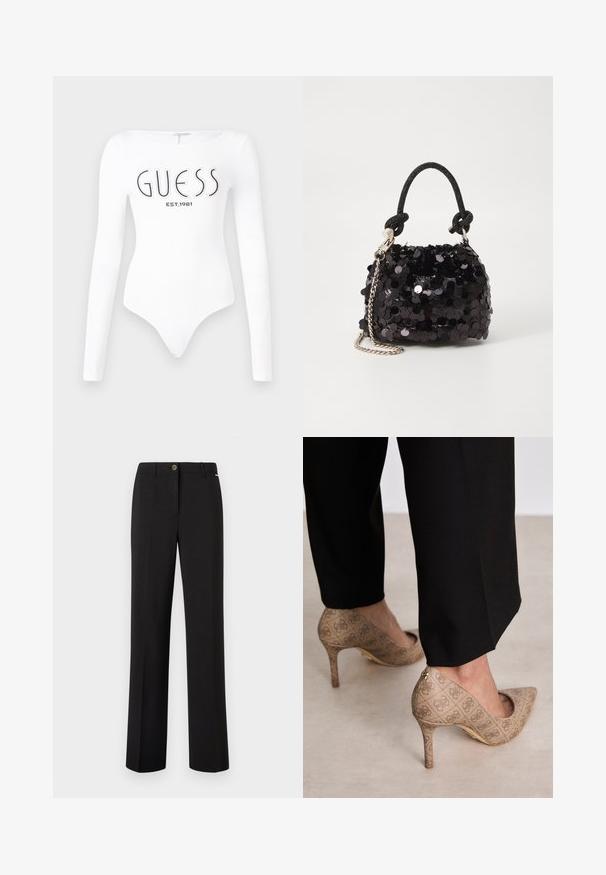Bijela bodysuit s dugim rukavima i okruglim izrezom. Na prednjoj strani ispisani su "GUESS" logo i "EST.1981" u crnoj boji. Glatka tekstura.; Crne krojene hlače s ravnim nogavicama, koji imaju suptilnu teksturu, prednje zatvaranje na gumb i klasičan kroj.; Bež cipele s visokom petom izrađene od teksturiranog materijala s ponavljajućim uzorkom. Dizajn s oštrim vrhom s pozadinskim naglaskom i zlatnim detaljem na peti.; Crna mini torbica sa šljokicama, s čvorastim teksturiranim remenom i srebrnim lancem. Zaobljenog oblika s naboranim vrhom i reflektivnim detaljima.
